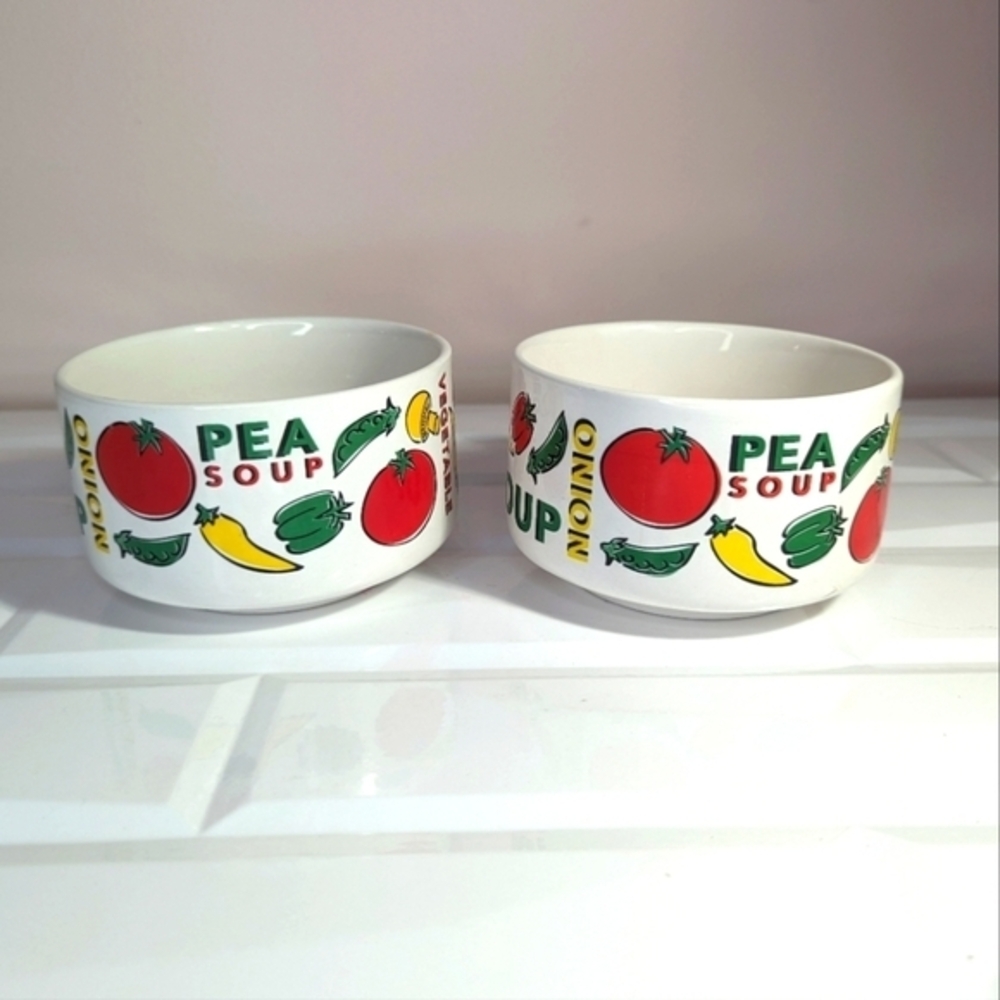 Vintage Houston Harvest Soup Bowls Mugs Stacking Pair Vegetables Set of 2 - Picture 5 of 11